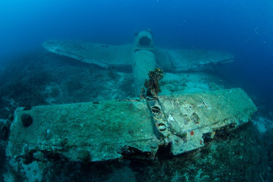 Underwater wreck of the Junkers Ju 87 or Stuka (from Sturzkampfflugzeug, „dive bomber“) seen from the back