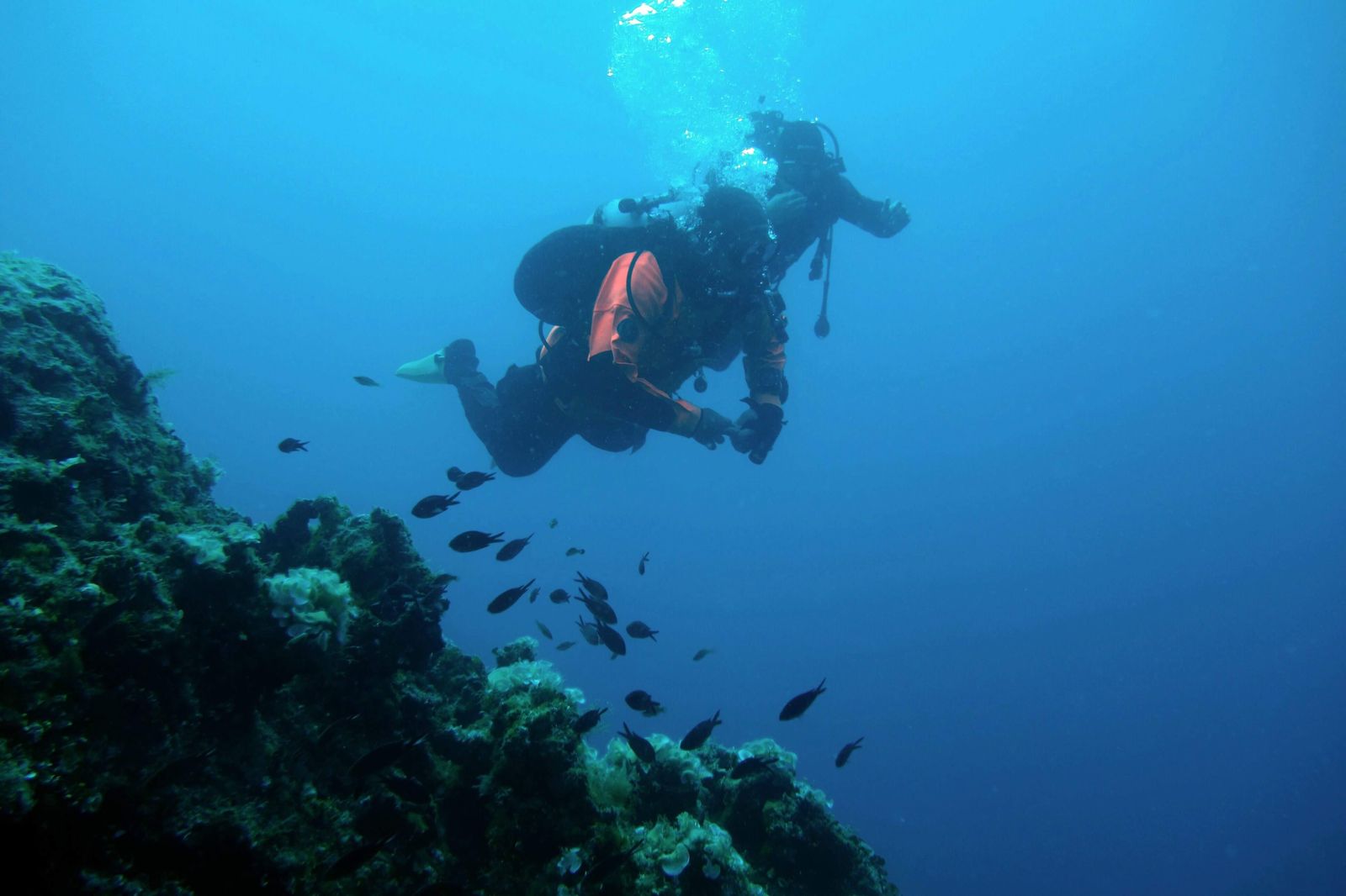 Dry suit divers with doubles